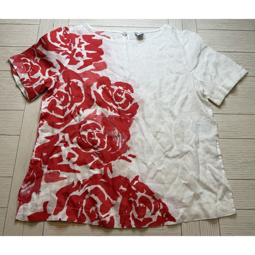 Chico's Women's White & Red Rose Print 100% Linen Short Sleeve Blouse Sz 2/L.